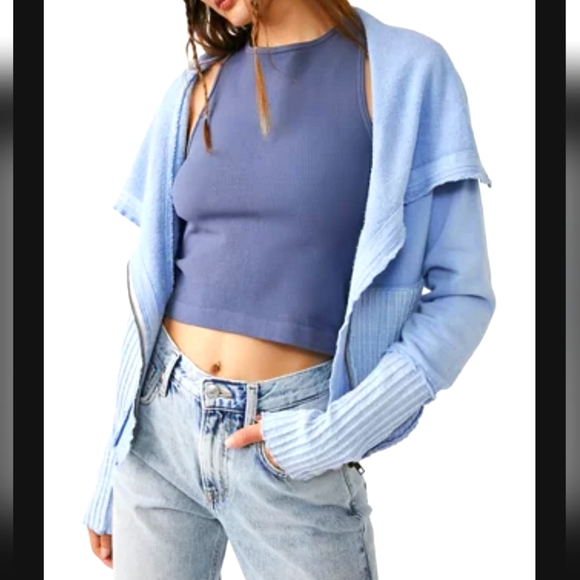 Free People Hazel Cardi Comfy Soft Exaggerated Ribbing Corsican Sea Blue Md NWT - Picture 6 of 7